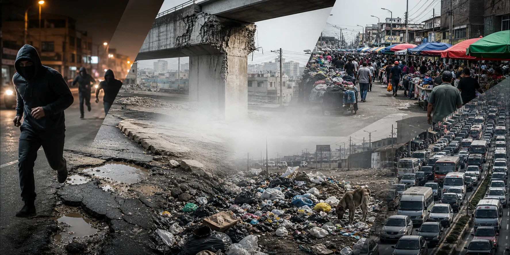 Collage visual de inseguridad, obras deterioradas, desorden comercial, basura y tráfico caótico en Ate